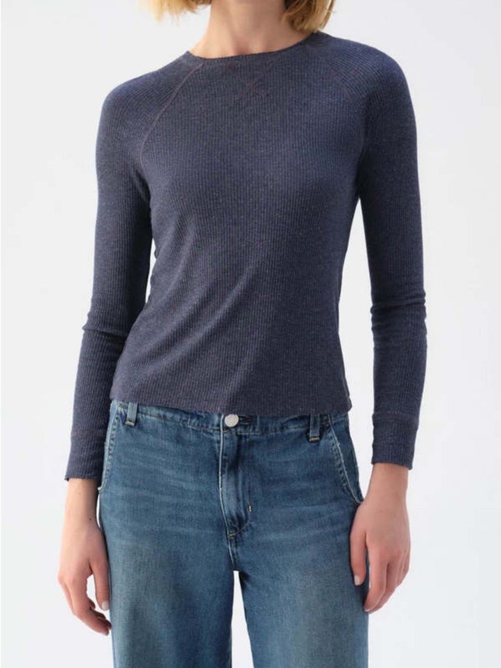 AMO Navy Ribbed Long-Sleeve Crewneck Fitted Top Size Large Women